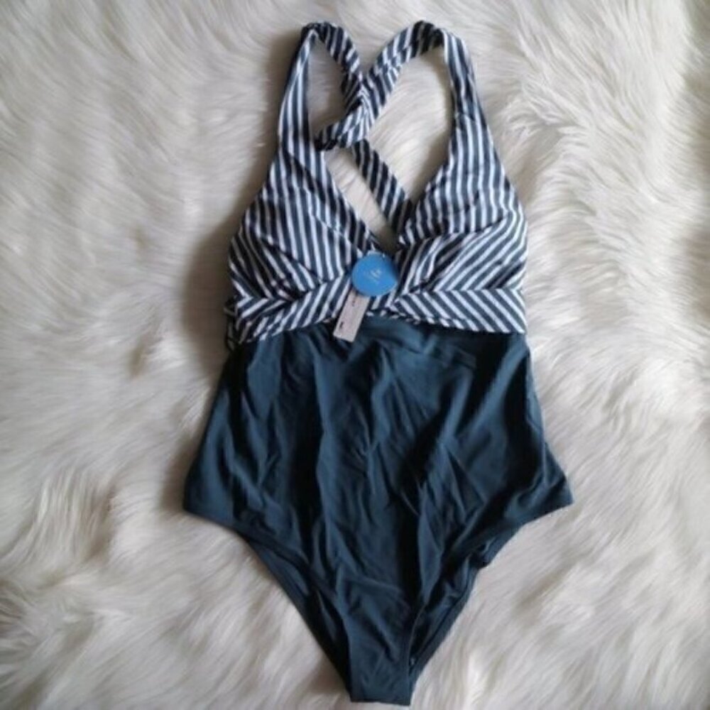 NEW Blue White Plus Size One Piece Size 0X Bathing Suit Swimsuit - Picture 2 of 6